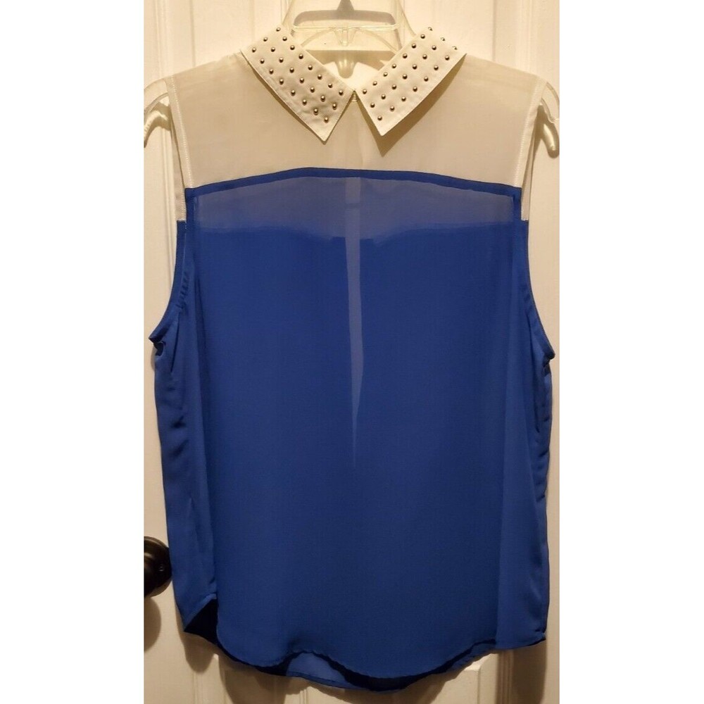 Royal Blue Sleeveless Blouse XL Studded Collar Modern Chic Edgy Sheer Preppy